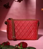 amour valentine red & tan polyester & vegan leather heart quilted sling bag