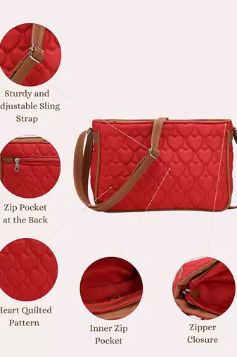 red tan polyester vegan leather sling bag