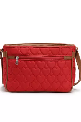 red tan polyester vegan leather sling bag