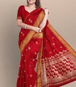red linen jamdani work saree with blouse