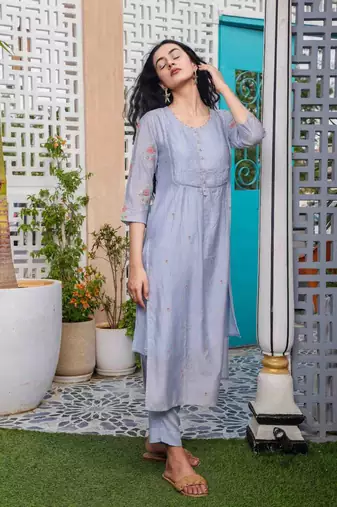 Powder blue yoke pintuck kurta set