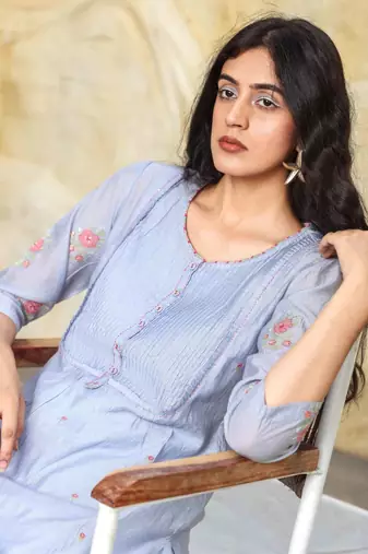 Powder blue yoke pintuck kurta set