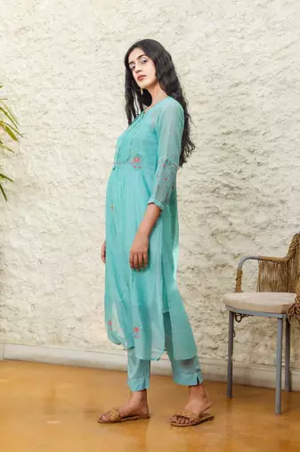 Teal yoke pintuck kurta set