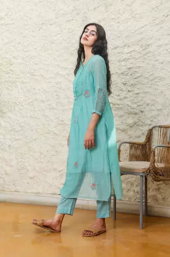 Teal yoke pintuck kurta set