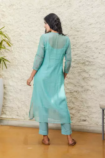 Teal yoke pintuck kurta set