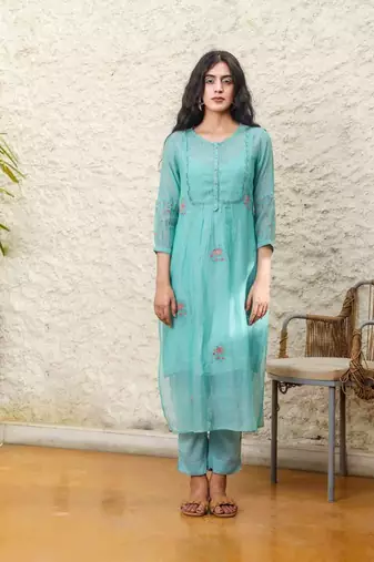 Teal yoke pintuck kurta set