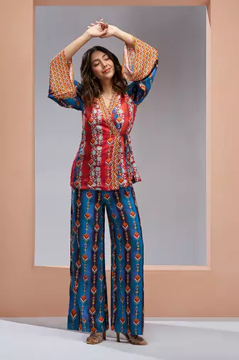 Navy blue kimono style muslin silk printed co-ord