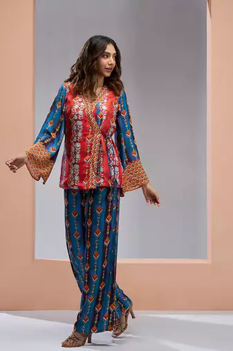 Navy blue kimono style muslin silk printed co-ord