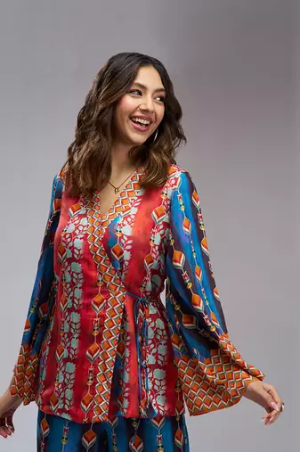 Navy blue kimono style muslin silk printed co-ord