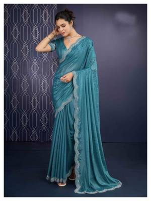 teal handwork georgette saree with unstitched blouse piece 1