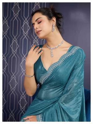 teal handwork georgette saree with unstitched blouse piece 2