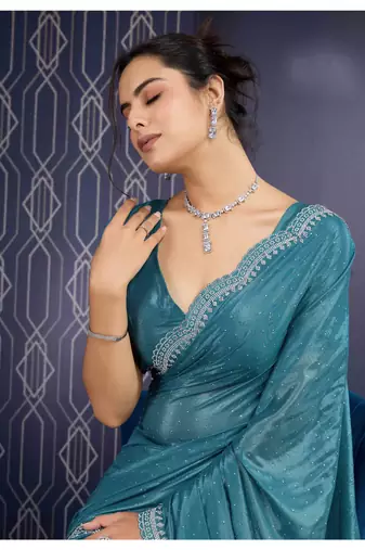 teal handwork georgette saree with unstitched blouse piece