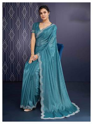 teal handwork georgette saree with unstitched blouse piece 3