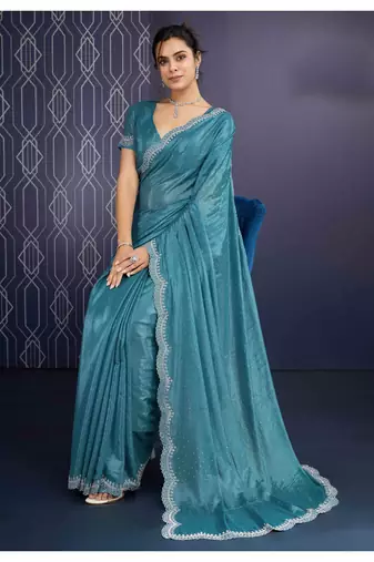 teal handwork georgette saree with unstitched blouse piece