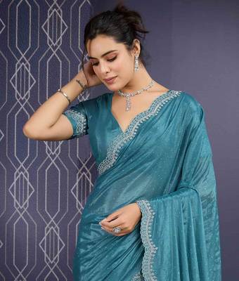 teal handwork georgette saree with unstitched blouse piece 4