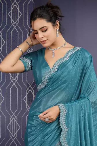 teal handwork georgette saree with unstitched blouse piece