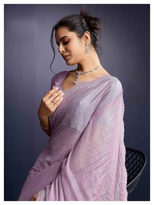 lavender handwork georgette saree with unstitched blouse piece 2
