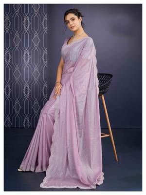 lavender handwork georgette saree with unstitched blouse piece 3