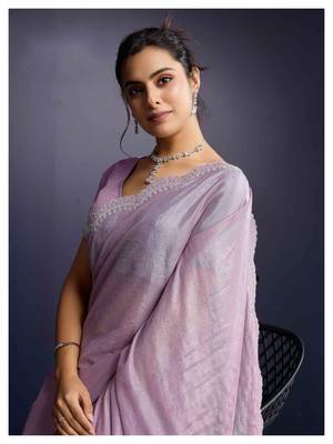 lavender handwork georgette saree with unstitched blouse piece 4