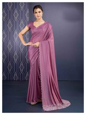 mauve handwork georgette saree with unstitched blouse piece 1
