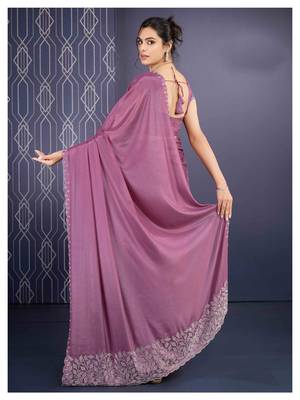 mauve handwork georgette saree with unstitched blouse piece 2