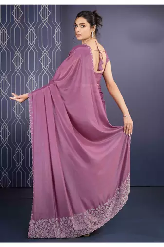 mauve handwork georgette saree with unstitched blouse piece
