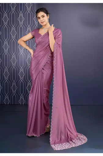 mauve handwork georgette saree with unstitched blouse piece