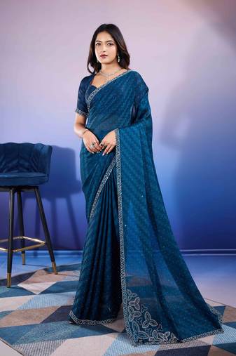 navy blue handwork satin chiffon saree with unstitched blouse piece