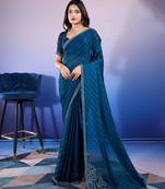 navy blue handwork satin chiffon saree with unstitched blouse piece