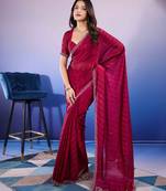 magenta handwork satin chiffon saree with unstitched blouse piece