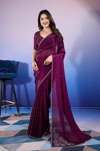wine handwork satin chiffon saree with unstitched blouse piece