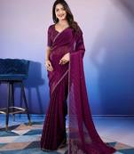 wine handwork satin chiffon saree with unstitched blouse piece