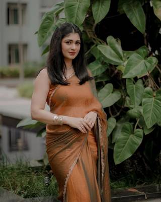 Orange simmer tissue golden saree with golden handwork lace & blouse piece 1