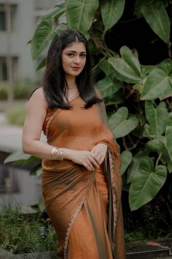 Orange simmer tissue golden saree with golden handwork lace & blouse piece