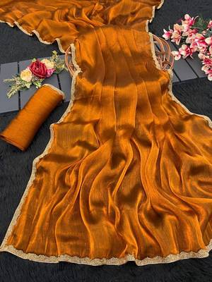 Orange simmer tissue golden saree with golden handwork lace & blouse piece 4
