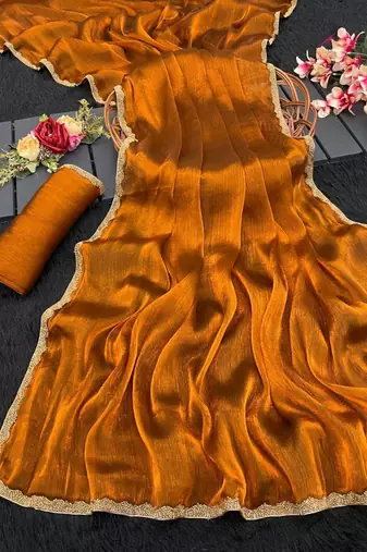 Orange simmer tissue golden saree with golden handwork lace & blouse piece