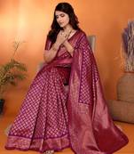 Wine woven design silk blend party wear saree with blouse piece
