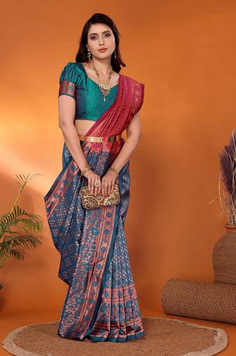 Rama blue woven design silk blend party wear saree with blouse piece