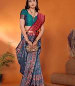 Rama blue woven design silk blend party wear saree with blouse piece