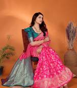 Pink woven design silk blend party wear saree with blouse piece