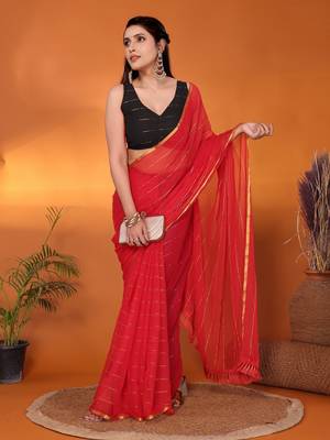 Red woven design poly chiffon party wear saree with blouse piece 1