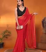 Red woven design poly chiffon party wear saree with blouse piece