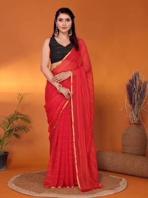 Red woven design poly chiffon party wear saree with blouse piece 2