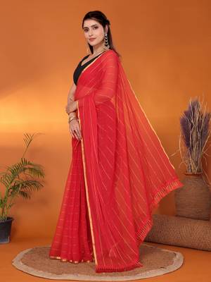 Red woven design poly chiffon party wear saree with blouse piece 3