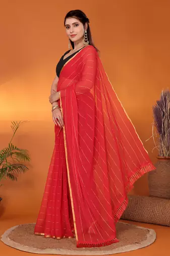Red woven design poly chiffon party wear saree with blouse piece