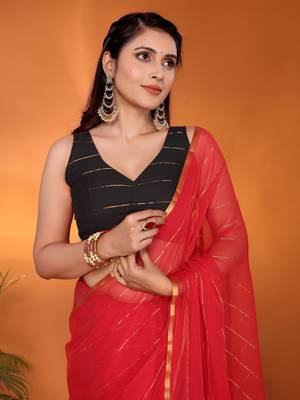 Red woven design poly chiffon party wear saree with blouse piece 4