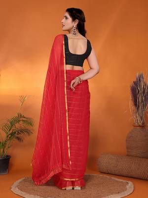 Red woven design poly chiffon party wear saree with blouse piece 5