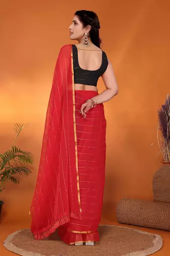 Red woven design poly chiffon party wear saree with blouse piece