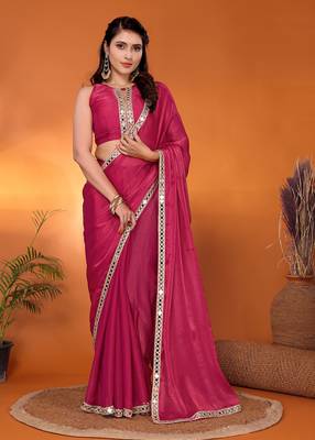 Pink embellished silk blend party wear saree with blouse piece 1
