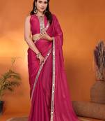 Pink embellished silk blend party wear saree with blouse piece
